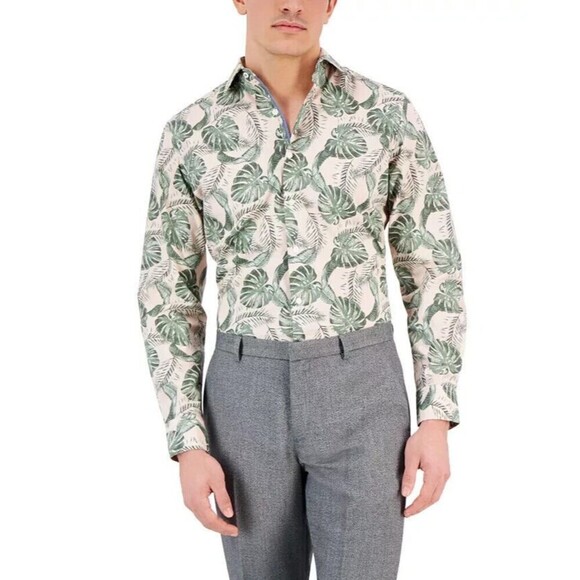 Bar III Men's Hoja Slim-Fit Botanical-Print Dress Shirt Apricot Olive Size Large - Picture 1 of 5